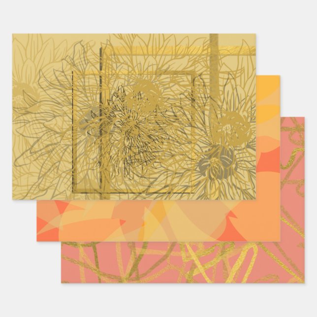 Hoja De Papel De Regalo Moda Naranja dorado Floral rosa (Set)