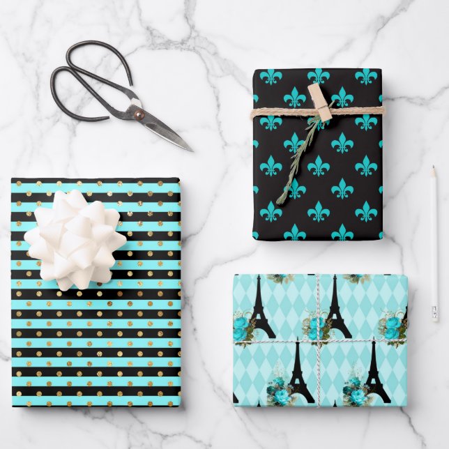 Hoja De Papel De Regalo Moda París Aqua Azul, Negro y Oro (Anverso)