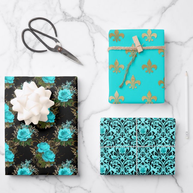 Hoja De Papel De Regalo Moda París Aqua Azul, Negro y Oro (Anverso)