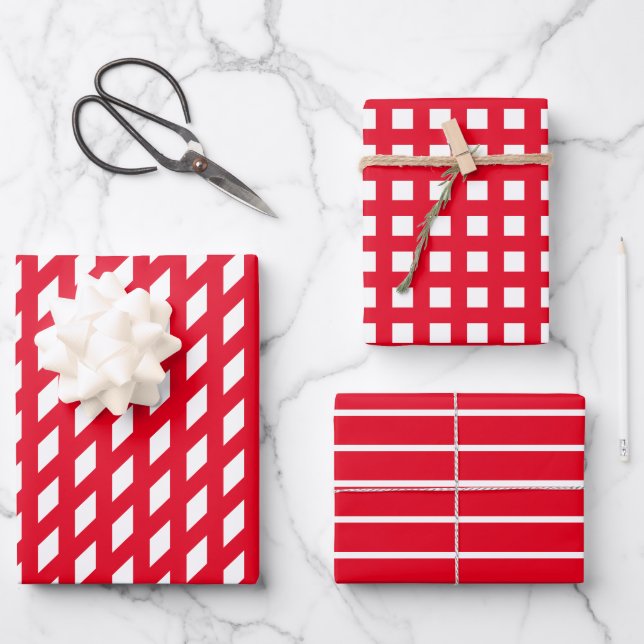 Hoja De Papel De Regalo Moda rayas blancas rojas y motivos variados (Anverso)