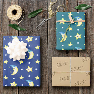 Hoja De Papel De Regalo Modelo Cuaderno Luna y Estrellas Baby Shower Azul