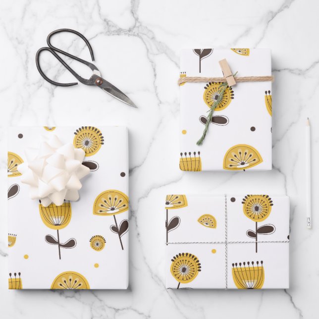 Hoja De Papel De Regalo Modelo floral amarillo moderno de mediados del sig (Anverso)