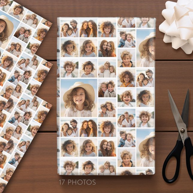 Hoja De Papel De Regalo Moden, cuadrícula de fotos mínima con 17 fotos (Custom Photo Wrapping Paper)