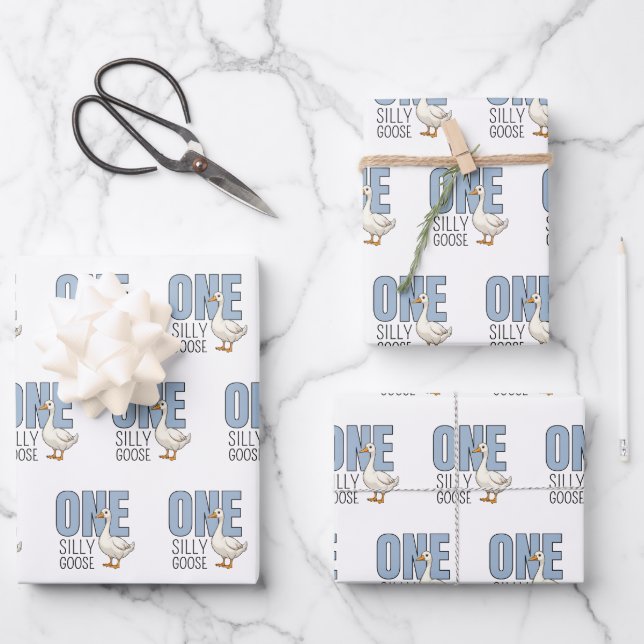 Hoja De Papel De Regalo Modern Blue One Silly Goose First Birthday (Anverso)
