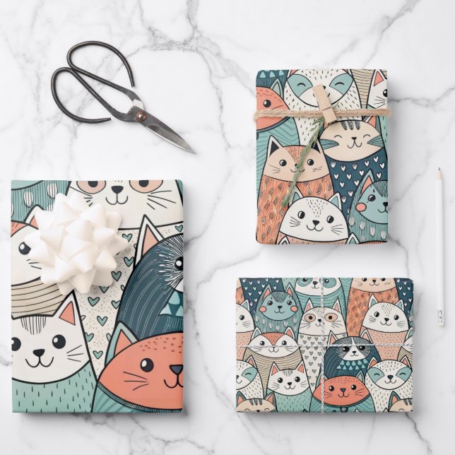 Hoja De Papel De Regalo Modern Cat Characters Pattern (Anverso)