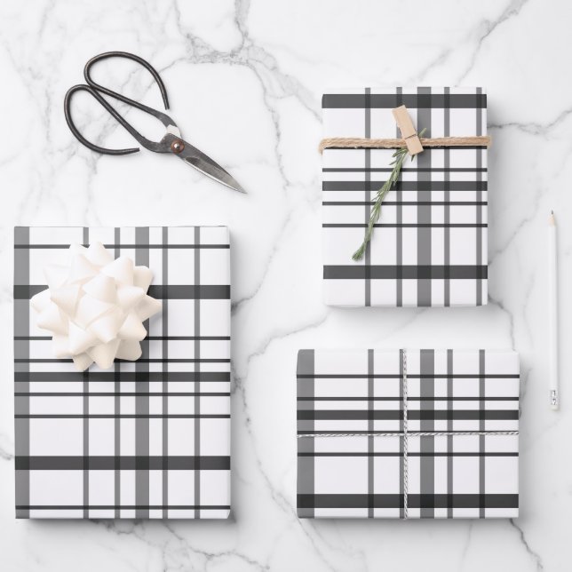 Hoja De Papel De Regalo Modern Dark and Light Grey Thin Line Plaid Gift (Anverso)