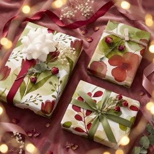 Hoja De Papel De Regalo Modern Green Red Botanical Floral Watercolor