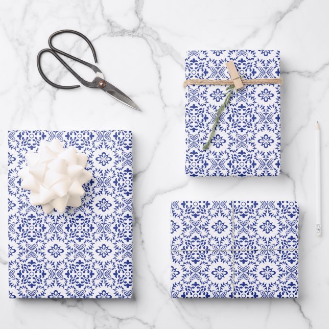 Hoja De Papel De Regalo Modern Mediterranean Blue Mosaic Wedding (Anverso)