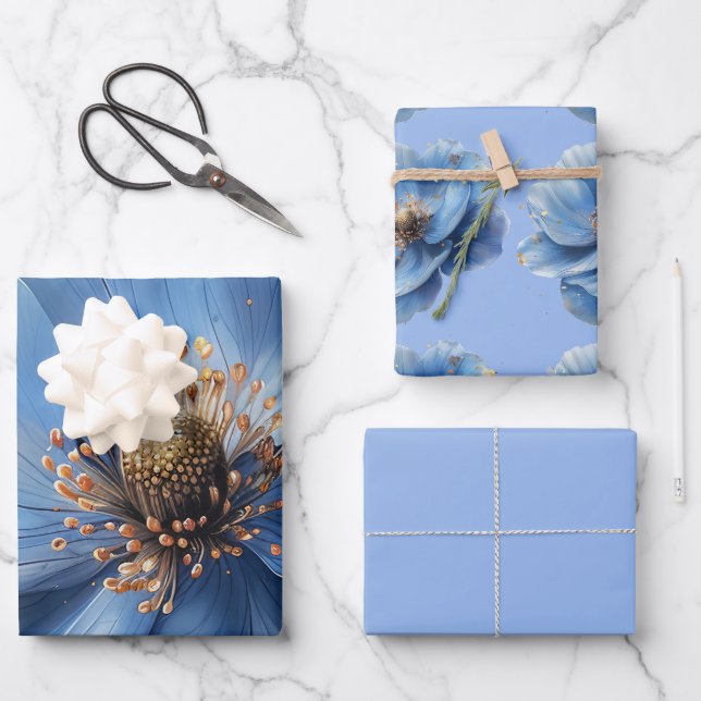 Hoja De Papel De Regalo Modern Minimalist Gold and Blue Poppy  (Anverso)