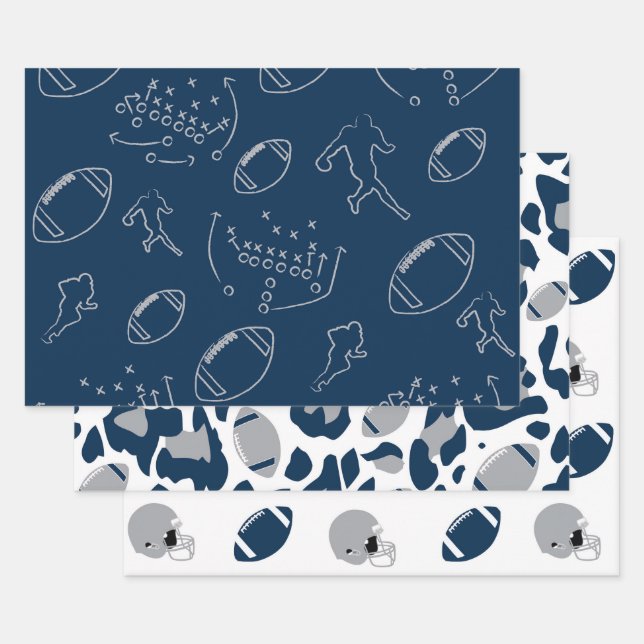 Hoja De Papel De Regalo Modern Silver & Navy Blue Football Game Day (Set)
