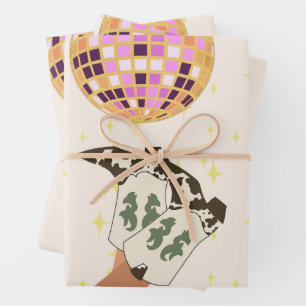 Hoja De Papel De Regalo Moderna Cowgirl Cowboy Disco Ball Beige