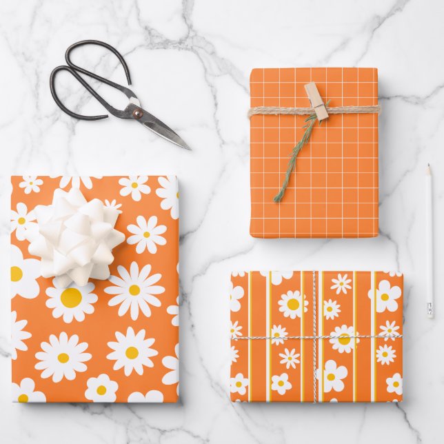 Hoja De Papel De Regalo Moderna Naranja de margarita gráfica plana en cual (Anverso)
