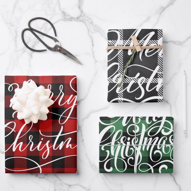 Hoja De Papel De Regalo Moderna Plaid Gingham Feliz Navidad (Anverso)