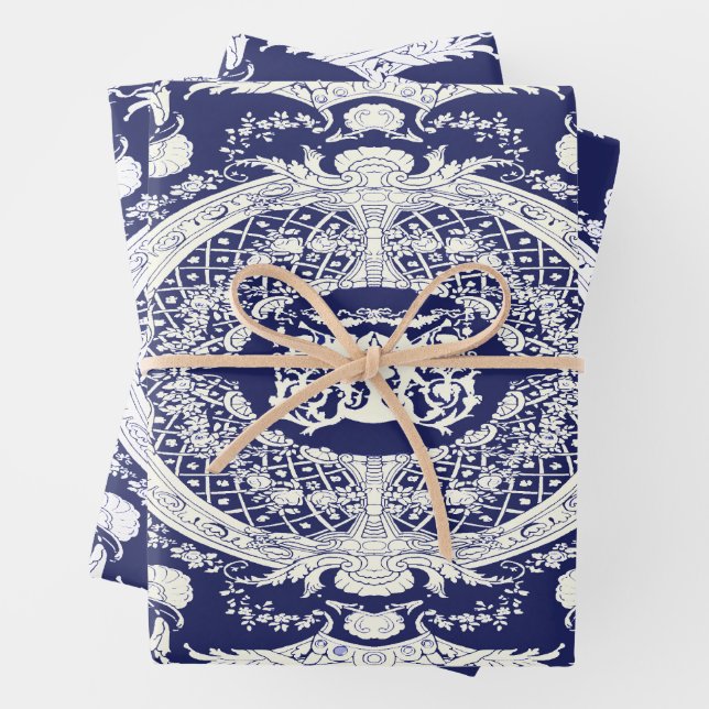 Hoja De Papel De Regalo Moderna y elegante marina con adornos barrocos azu (In situ)
