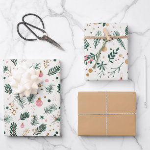 Hoja De Papel De Regalo Modernas ramas de árbol de Navidad verde rosado