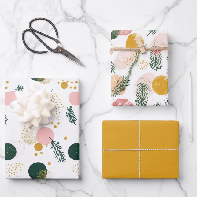 Hoja De Papel De Regalo Modernas ramas de árbol de Navidad verde rosado (Anverso)