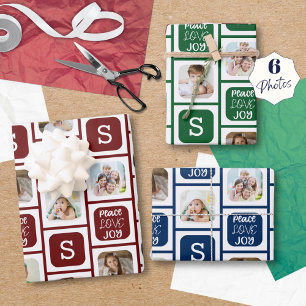 Hoja De Papel De Regalo Moderno 6 Monograma fotográfico PEACE LOVE JOY Tri