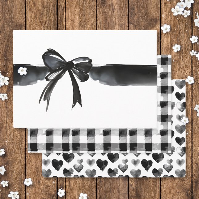 Hoja De Papel De Regalo Moderno acuarela Bow Gingham Heart Boda Gift (black white Modern Watercolor Bow Gingham Heart Wedding Gift Wrapping Paper Sheets  elegant trendy)