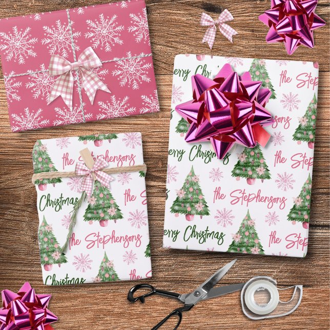 Hoja De Papel De Regalo Moderno Árbol de navidad personalizado merry rosa (Subido por el creador)