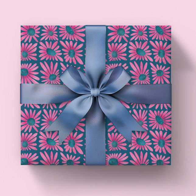 Hoja De Papel De Regalo Moderno bloqueo floral impresión margarita rosa (Pink and blue block print retro kitsch floral wrapping paper sheets. )