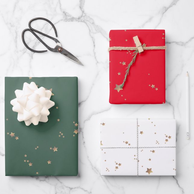 Hoja De Papel De Regalo Moderno con estrellas | Festividad Roja Verde Mini (Anverso)