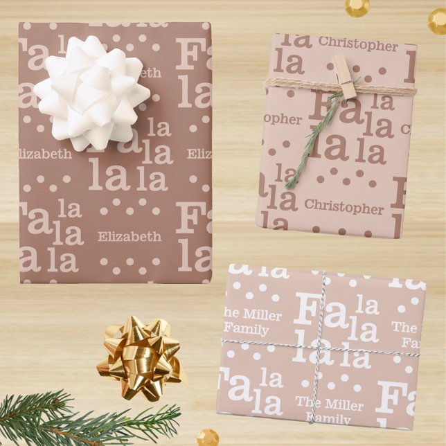 Hoja De Papel De Regalo Moderno Fa La Mocha Simple Añadir Navidades (Festive Fa la la la la gift wrap sheets in mocha chocolate mousse with your names in the design)