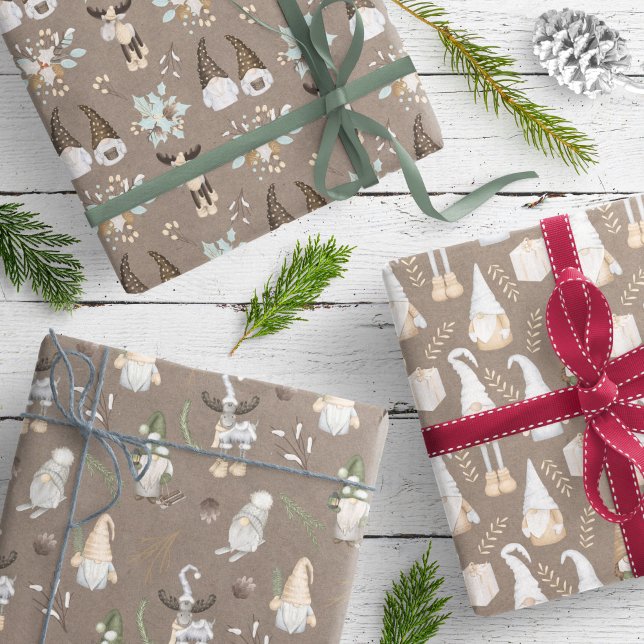Hoja De Papel De Regalo Moderno patrón de gnomo neutro kraft marrón (Subido por el creador)