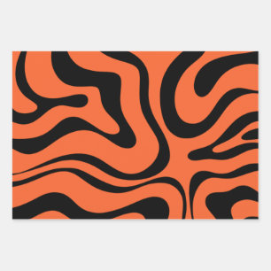 Hoja De Papel De Regalo Moderno Retro Líquido Swirl Resumen Naranja Negro