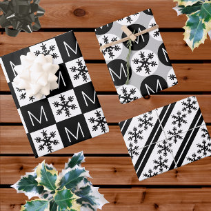 Hoja De Papel De Regalo Moderno Snowflake Añadir Monograma Blanco Y Negro