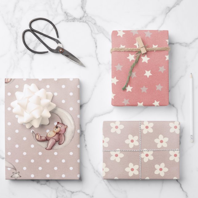Hoja De Papel De Regalo Moderno Y Moderno Pastel Baby Bear Taupe Cute (Anverso)