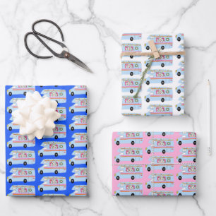 Hoja De Papel De Regalo Mona de Navidad RV Camper Van Árboles Fiesta Azul