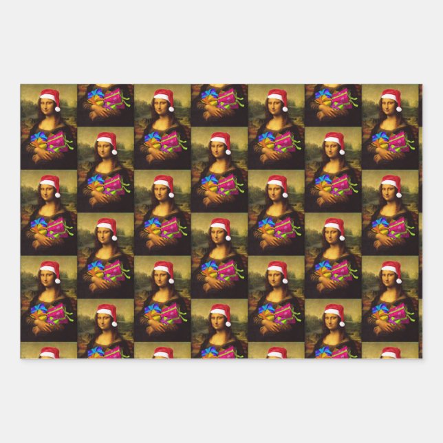 Hoja De Papel De Regalo Mona Lisa Con El Gorro De Santa Claus (Anverso)