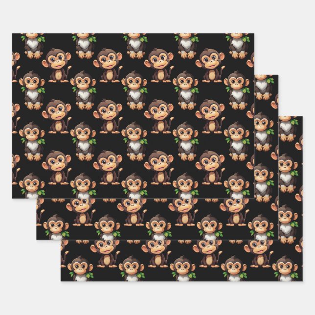 Hoja De Papel De Regalo Monkey Pattern Design Black  (Set)