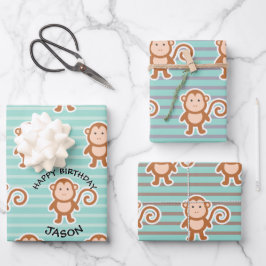 Hoja De Papel De Regalo Monkey Stripes Happy Birday