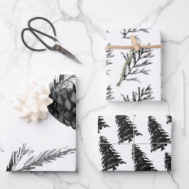 Hoja De Papel De Regalo Monocrom Invierno Cones de ramas de pino de árbol