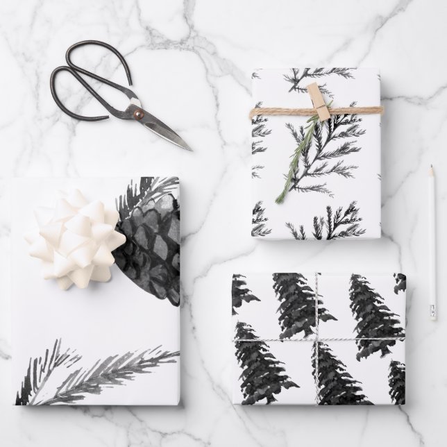 Hoja De Papel De Regalo Monocrom Invierno Cones de ramas de pino de árbol  (Anverso)