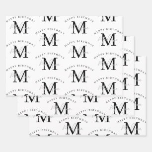 Hoja De Papel De Regalo Monograma blanco negro feliz cumpleaños personaliz