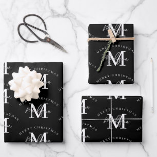 Hoja De Papel De Regalo Monograma blanco negro Feliz Navidad personalizado