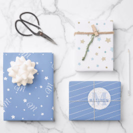 Hoja De Papel De Regalo Monograma blanco y azul editable para recién nacid