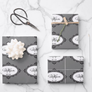 Hoja De Papel De Regalo Monograma Damask Vintage Blanco y Negro Minimalist