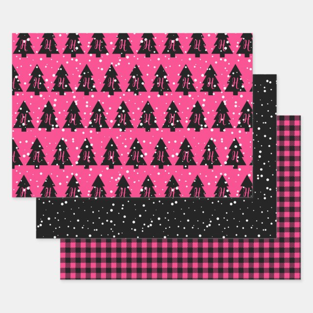 Hoja De Papel De Regalo Monograma de fucsia y negro (Set)