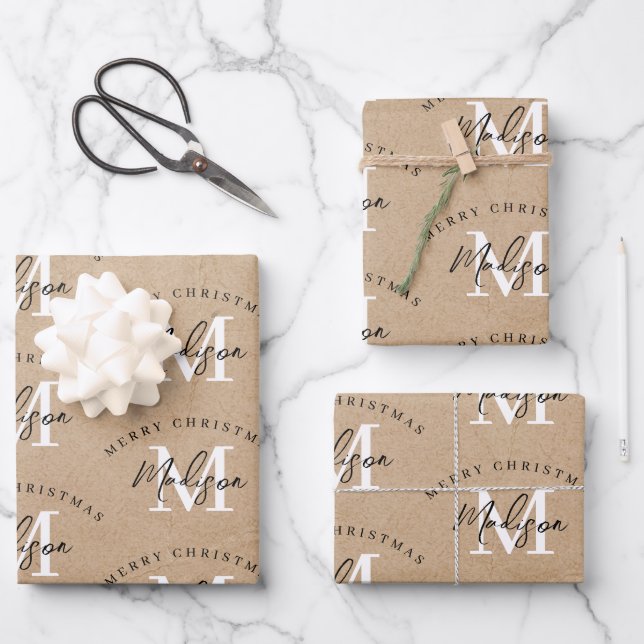 Hoja De Papel De Regalo Monograma de Kraft navideño personalizado (Anverso)