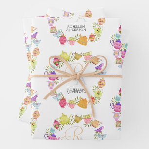 Hoja De Papel De Regalo Monograma de ollas de té y tazas