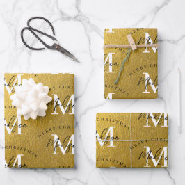 Hoja De Papel De Regalo Monograma de oro de lujo navideño personalizado