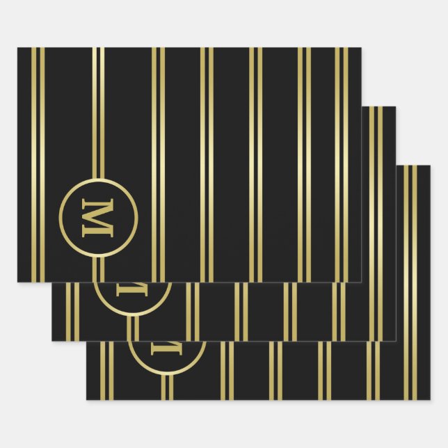 Hoja De Papel De Regalo Monograma dorado elegante sobre negro (Set)