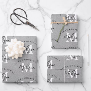 Hoja De Papel De Regalo Monograma gris de la cosecha del personalizado Fel