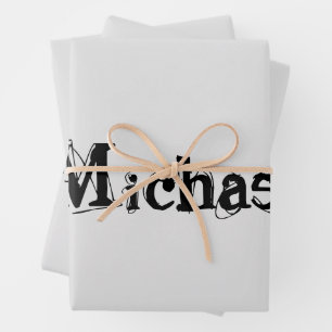 Hoja De Papel De Regalo Monograma minimalista moderno con nombre gris negr