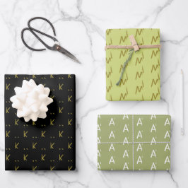Hoja De Papel De Regalo Monograma minimalista negro verde y oro