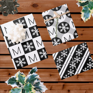 Hoja De Papel De Regalo Monograma Moderno De Copo De Nieve En Blanco Y Neg