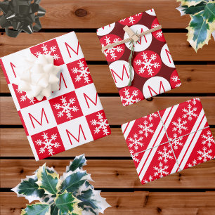 Hoja De Papel De Regalo Monograma Moderno De Copo De Nieve Rojo Y Blanco A